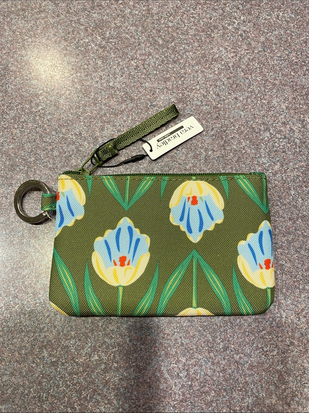 Vera Bradley Olive Tulip Rows Print Zip ID Case with Key Ring NWT